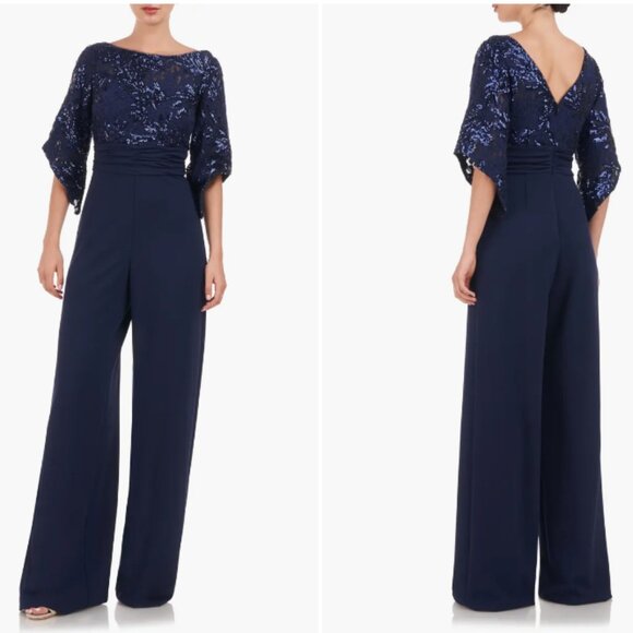 JS COLLECTIONS BELLE SEQUIN WIDE LEG NAVY JUMPSUIT DRESS sz 16 - Picture 1 of 7
